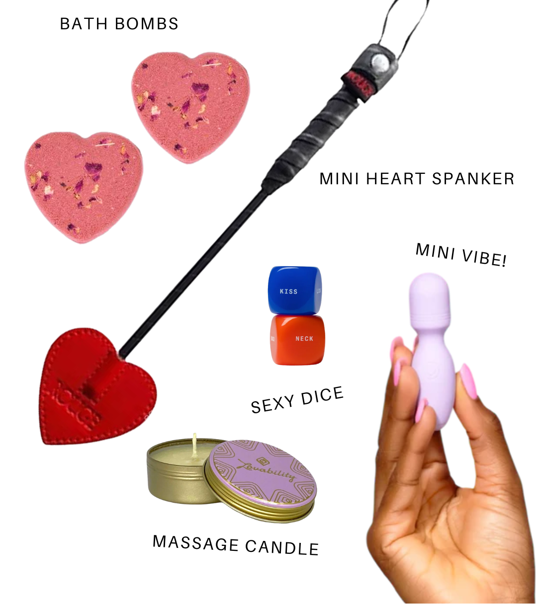 Collection of adult products including bath bombs, mini heart spanker, mini vibe, sexy dice, massage candle, and a hand holding a product.