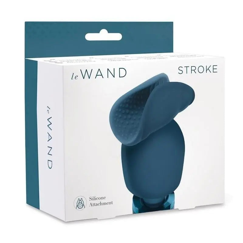 White and blue packaging for Le Wand Stroke silicone vibrating wand attachment