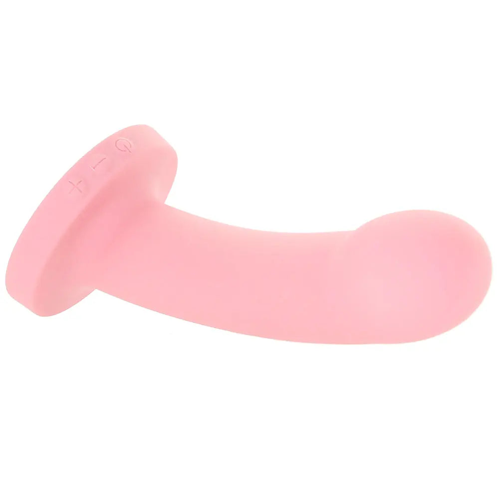 Side view showing 6.25 insertable inches of light pink silicone vibrating dildo
