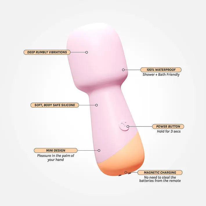 VUSH mini wand vibrator with features: deep rumbly vibrations, waterproof, soft silicone, mini design, easy power button, magnetic charging