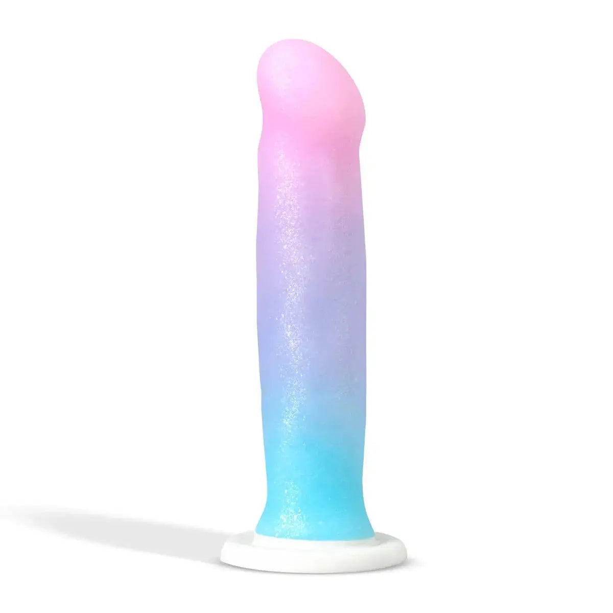 Avant Lucky, a shimmery, smooth silicone dildo in a blue, purple, and pink gradient color