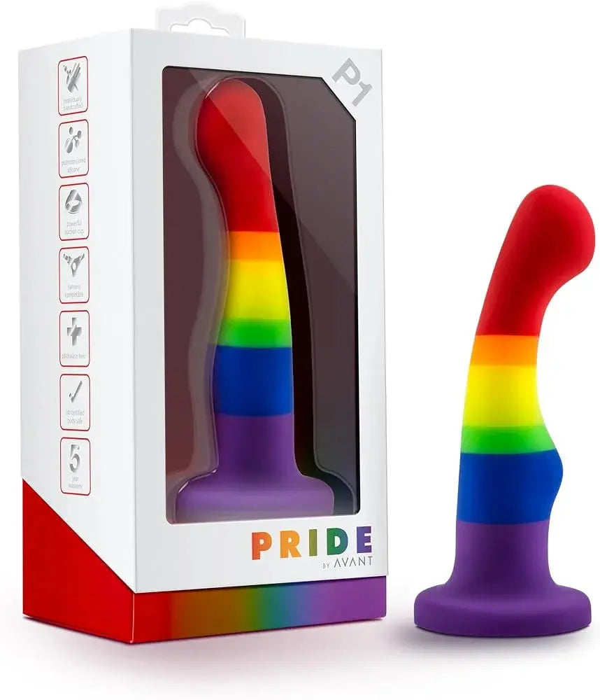 Avant Pride rainbow striped g-spot dildo in rainbow and white packaging