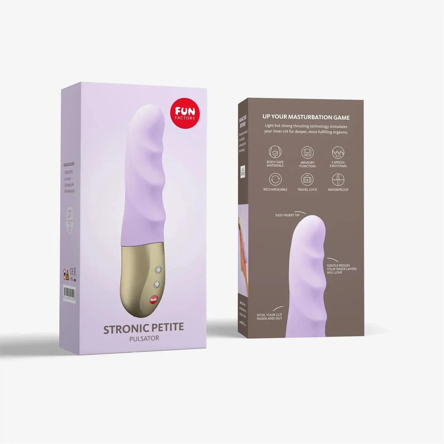 Fun Factory Stronic Petite thrusting dildo in light purple color with packaging