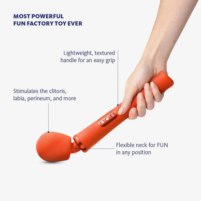 A hand holding the Vim vibrating wand and showing the toy's flexible neck