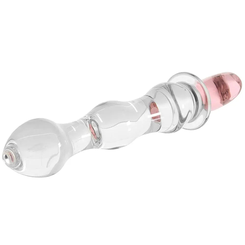 Glas Sweetheart ridged glass dildo in clear with pink heart shaped handle