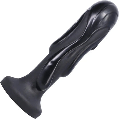 Tantus Magma black silicone dildo with lava-like ripple texture shown from the back