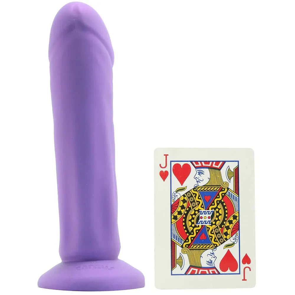 Tantus Vamp purple dildo size comparison, approximately twice the length of a playing card