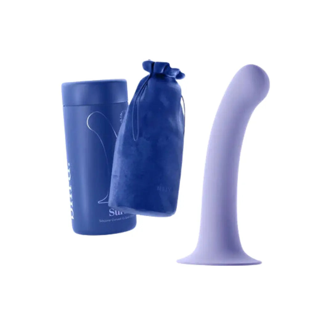 Biird Surii silicone dildo in matte light purple with dark blue storage bag