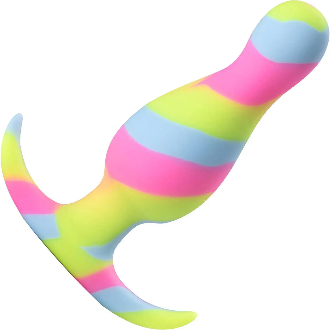 Swirling green, blue, and pink silicone anal plug with sleek flared base