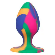 Tie-dye multiple colors butt plug with tapered tip and flared suction cup base