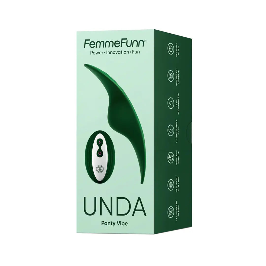 Dark Green FemmeFunn Unda external remote controlled vibrator in box