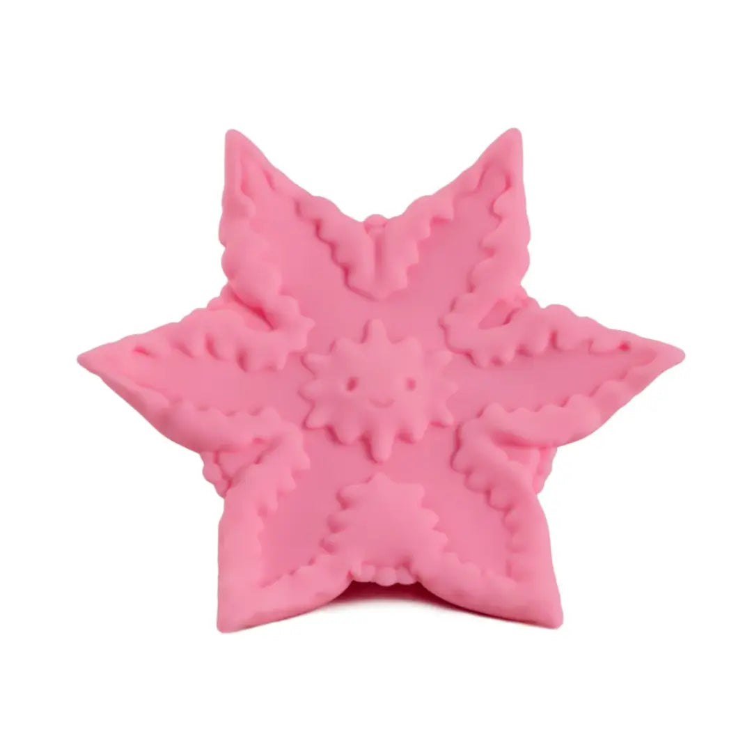 Cute Little Fuckers brand Starsi vibrator, front view of toy in rose pink. Starsi is a 6 pointed star shape with a textured surface