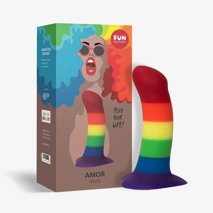 Fun Factory brand rainbow striped Amor dildo with packaging