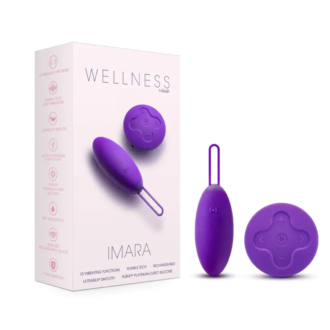 Blush Imara remote controlled egg vibrator with remote in purple silicone with box