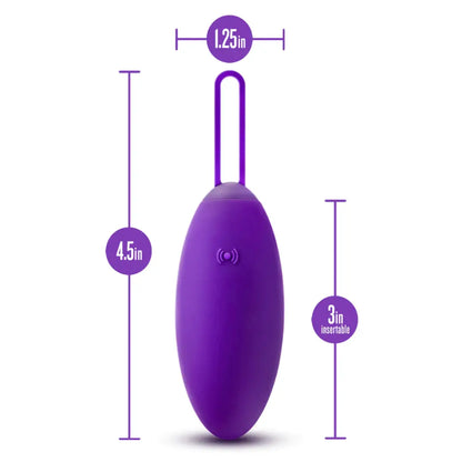 Blush Imara remote controlled egg vibrator with remote in purple silicone with measurements: width 1.25 inches by length 4.5 inches total with 3 inches insertable