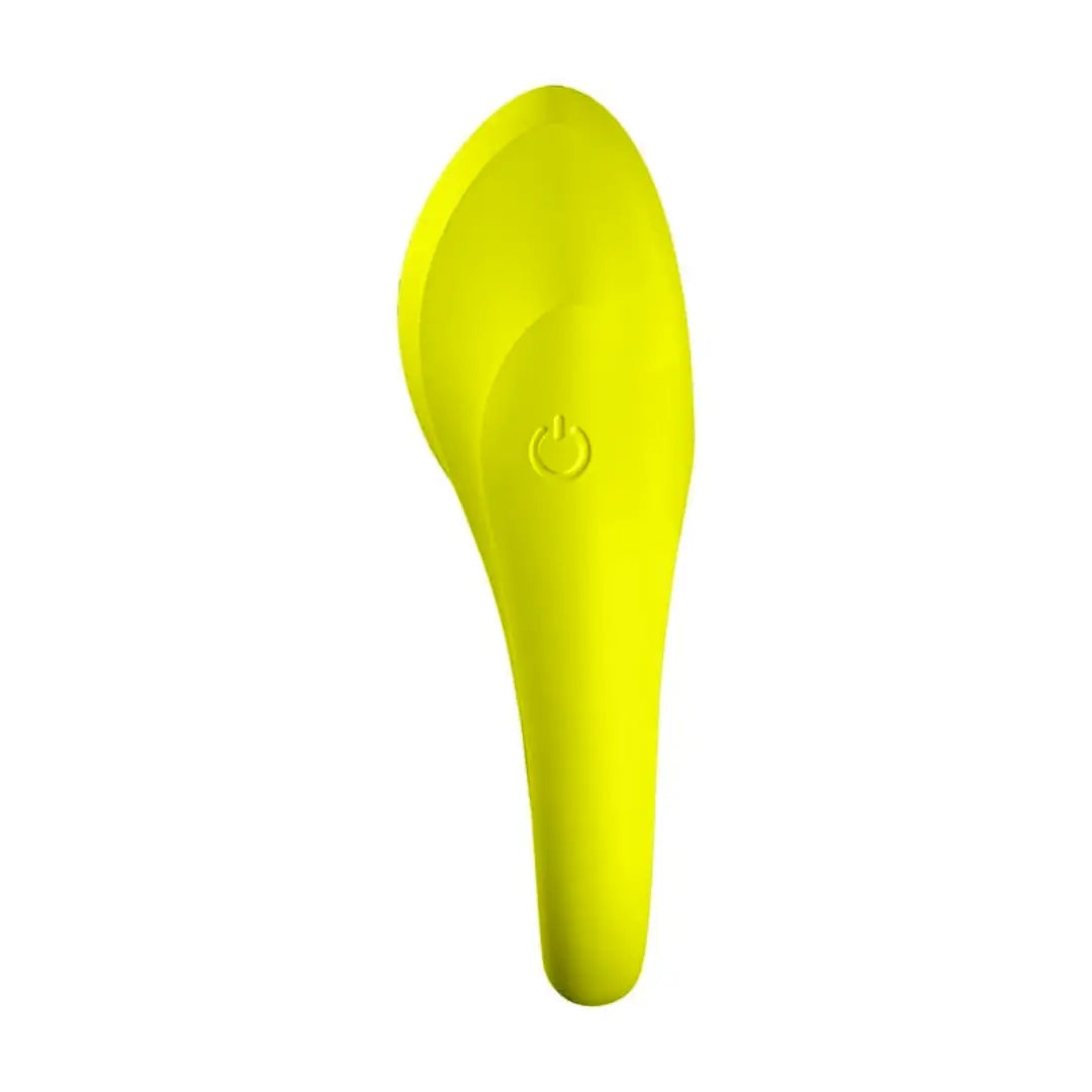 Satisfyer brand Duo vibrating cockring in bright yellow-green side view showing on/off button