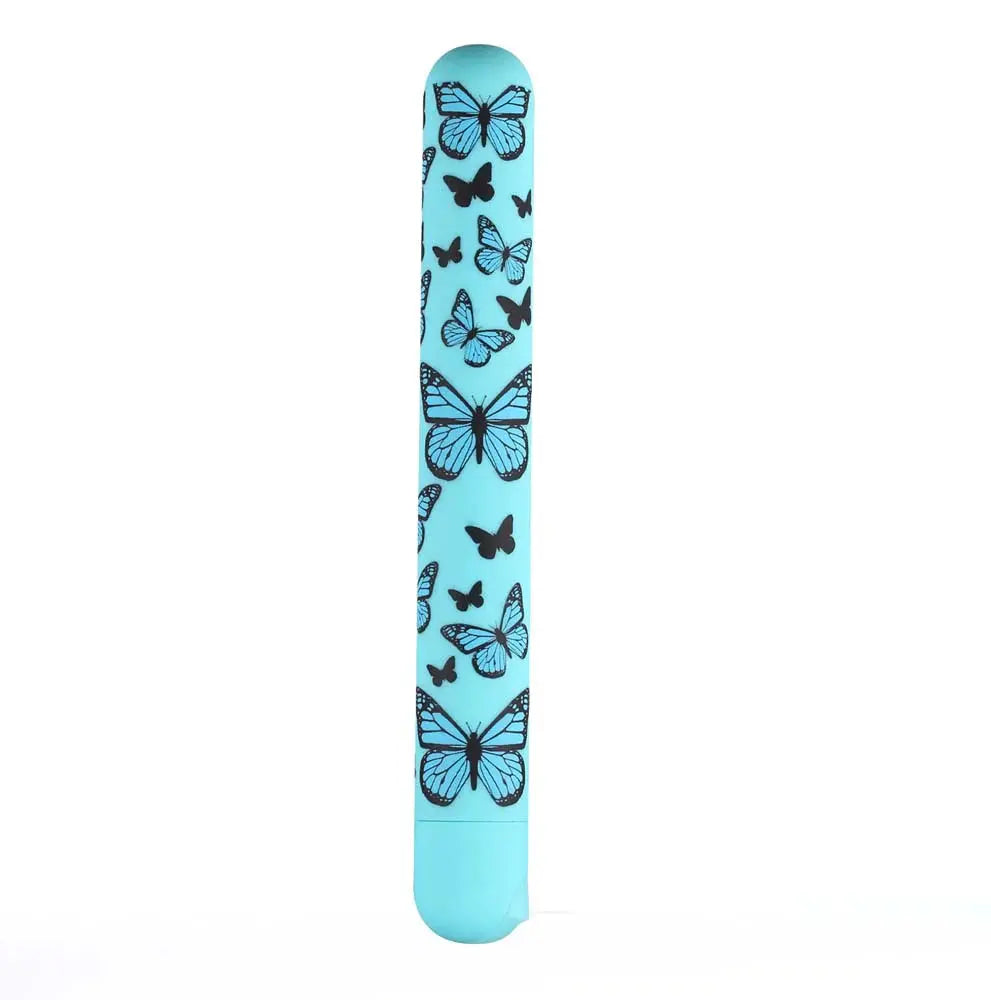 Smooth blue silicone coated vibrator with black butterfly all-over print