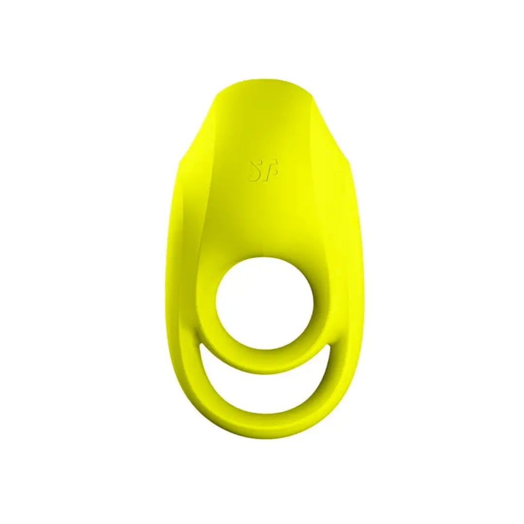 Satisfyer brand Duo vibrating cockring in bright yellow-green view of front showing two openings, one intended for a penis and one intended for testicles 