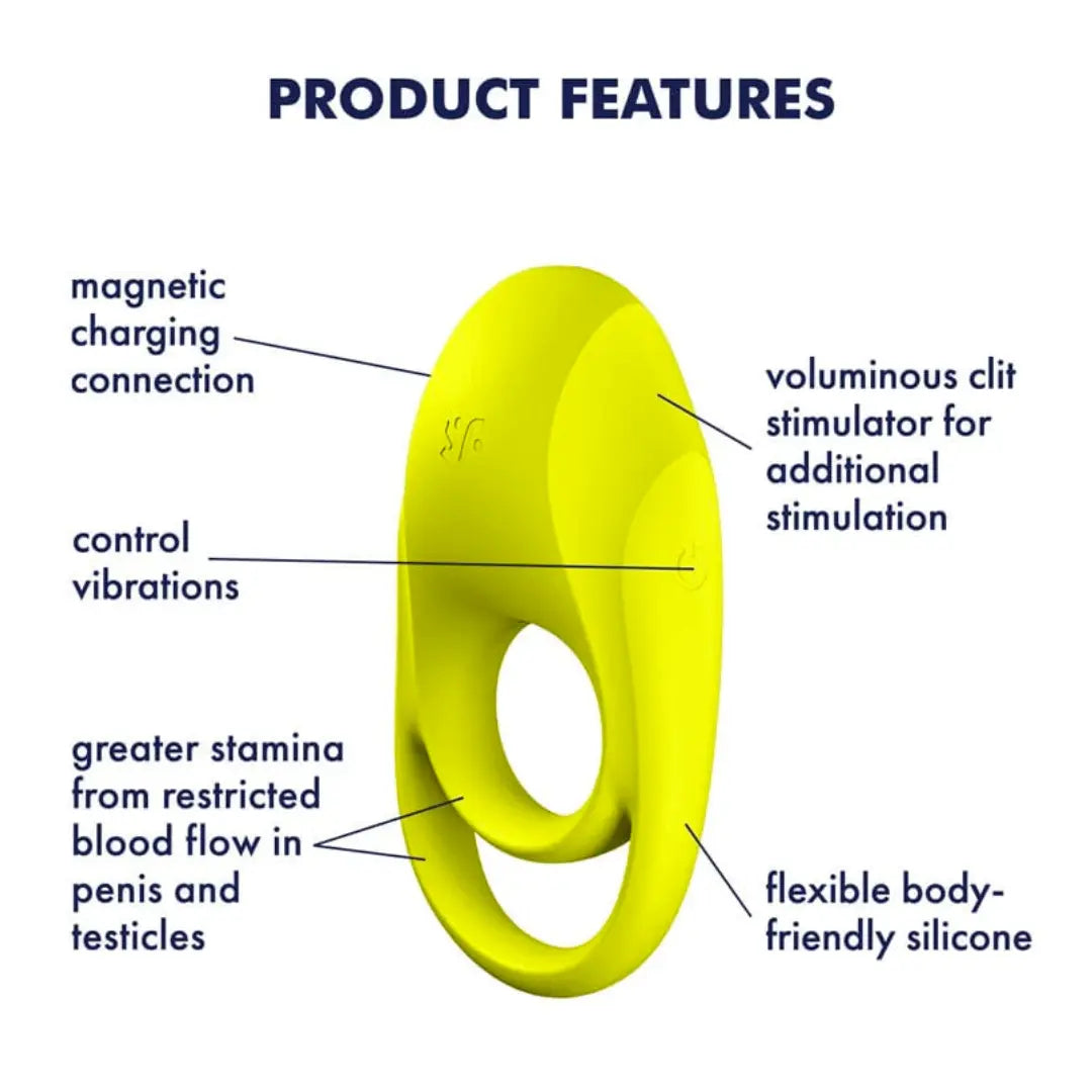 Satisfyer brand Spectacular Duo vibrating cockring in bright yellow-green product features: magnetic charing connection, vibration control button, voluminous clit stimulation area, flexible silicone, toy can increase stamina from restricted blooflow in penis and testicles