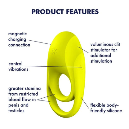 Satisfyer brand Spectacular Duo vibrating cockring in bright yellow-green product features: magnetic charing connection, vibration control button, voluminous clit stimulation area, flexible silicone, toy can increase stamina from restricted blooflow in penis and testicles