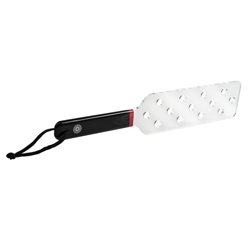 Acrylic spanking paddle featuring holes to reduce air resistance